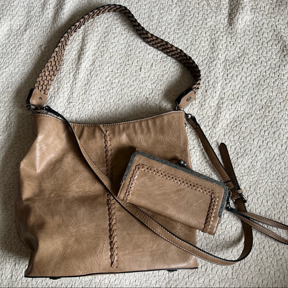Tan Matching Purse and Wallet Set Braided Accenting
